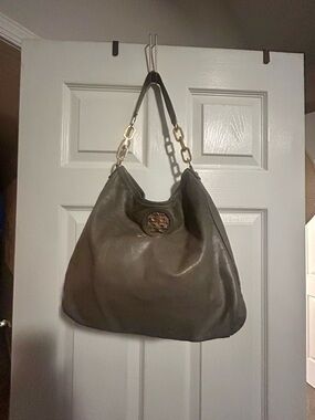 Tory Burch grey Leather Shoulder Hobo with Gold Chain Links